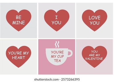 Set of romantic illustrations with hearts and a teacup featuring love phrases on pastel backgrounds