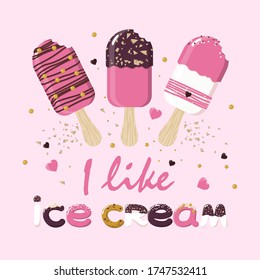 Set of romantic illustrations of ice cream in the flat style on a pink background "I love ice cream". Popsicle on a wooden stick with an interesting design in pink color.