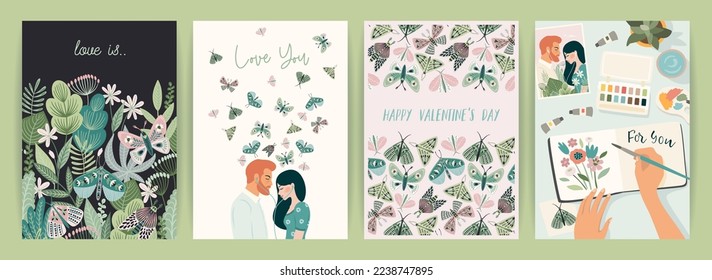 Set of Romantic illustrations. Man and woman. Love, love story, relationship. Vector design concept for Valentines Day and other use.