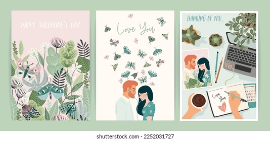 Set of Romantic illustrations. Man and woman. Love, love story, relationship. Vector design concept for Valentines Day and other use.