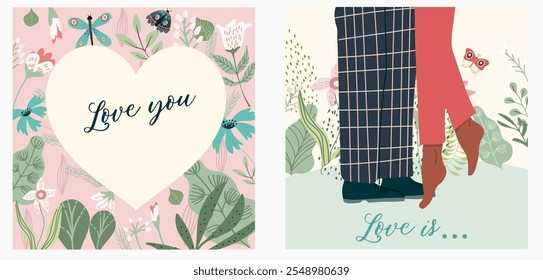 Conjunto de ilustraciones románticas. Hombre y mujer. Amor, historia de amor, relación. Concepto de diseño de Vector para el día de San Valentín, Vector dibujado a mano.