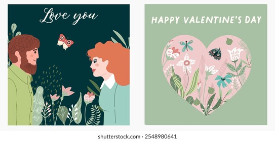 Conjunto de ilustraciones románticas. Hombre y mujer. Amor, historia de amor, relación. Concepto de diseño de Vector para el día de San Valentín, Vector dibujado a mano.