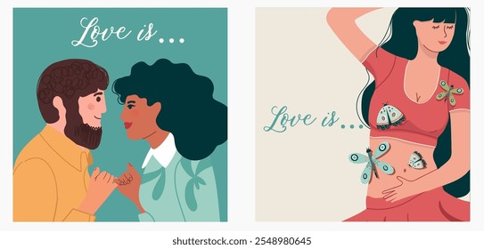 Conjunto de ilustraciones románticas. Hombre y mujer. Amor, historia de amor, relación. Concepto de diseño de Vector para el día de San Valentín, Vector dibujado a mano.