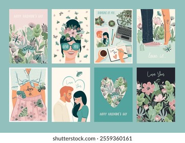 Set of Romantic illustrations. Man and woman. Love, love story, relationship. Vector design concept for Valentines Day and other use.