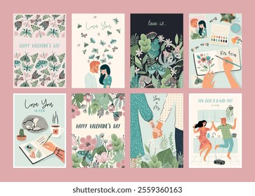 Set of Romantic illustrations. Man and woman. Love, love story, relationship. Vector design concept for Valentines Day and other use.
