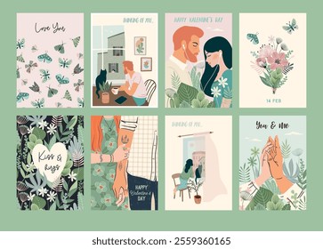 Set of Romantic illustrations. Man and woman. Love, love story, relationship. Vector design concept for Valentines Day and other use.