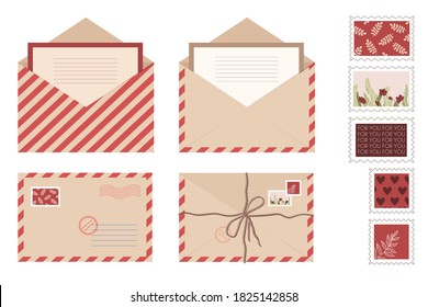 Set romantic kraft envelope letter and post cards. Isolated open envelopes with stamps and seals in flat style. Vector stock illustration.