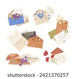 Set of romantic letters and envelops with greeting postcards, holiday mails, invitation card