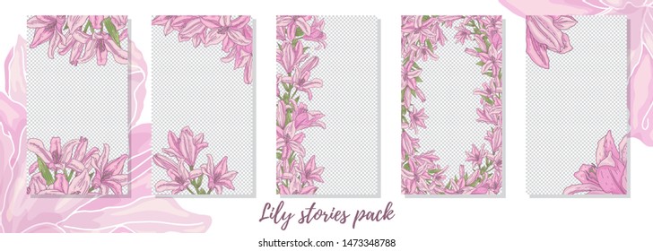 Set of romantic lily story templates for social networks. Vector design backgrounds.