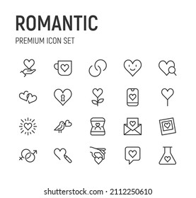 Set of romantic line icons. Premium pack of signs in trendy style. Pixel perfect objects for UI, apps and web. 