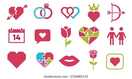 Set von romantischen Liebe Icons mit Herzen Ringe Rosen und Paar Symbole