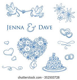 Set of romantic love ornaments for valentine, engagement, wedding invitation, save the date card. With flowers, hearts, swifts, lines, typographic elements. Hand drawn vector illustration