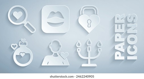 Set Romantic man, Castle in the shape of heart, Bottle with love potion, Candlestick, Smiling lips and Search icon. Vector