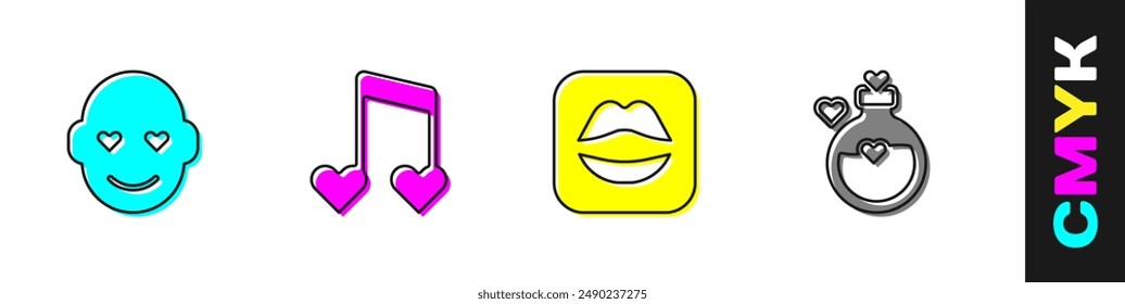 Set Romantic man, Music note, tone with hearts, Smiling lips and Bottle love potion icon. Vector
