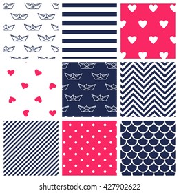 Set of romantic marine seamless patterns: stripes, hearts, polka dot, waves, chevron, paper ships. Vector illustration. Design for fabric and decor.