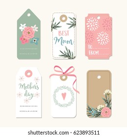 Set of romantic Mothers day, birthday or wedding vintage frames, gift tags and labels with flowers and pink ribbon. Isolated vector collection.