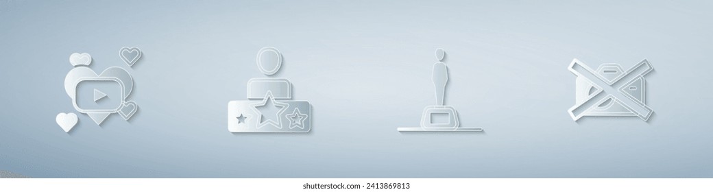 Set Romantic movie, Actor star, Movie trophy and Prohibition no video recording. Paper art style. Vector