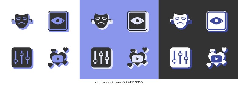 Set Romantic movie, Drama theatrical mask, Sound mixer controller and Rating icon. Vector