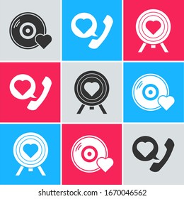 Set Romantic music, Telephone with heart speech bubble and Heart in the center of darts target aim icon. Vector
