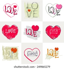 Set. Romantic pastel inscription love on the background of stylized heart. Vector illustration. Great for Valentine's or  romantic themes.