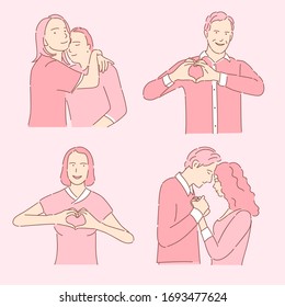 Reihe von romantischen Menschen. Mann und Frau zeigen Herz mit Händen, umarmt Paare in Liebe Vektorillustration Cartoon Umriss-Illustration. Charaktere für Valentinstag Grußkarte oder Dating App Design.