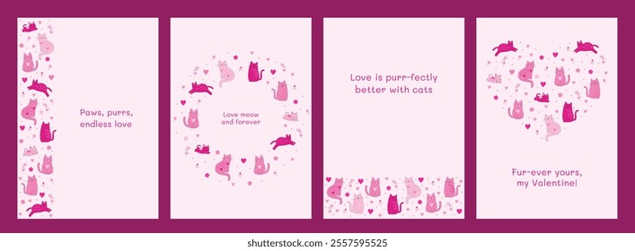 Set of Romantic pink cat artwork with hearts, flowers, and a love message