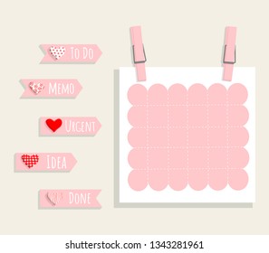 Set of romantic pink planner, notes, to do list. Vector stationary template