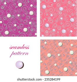 Set of romantic pink  seamless paper convex patterns of shining pearls and spirals for Valentine's day
