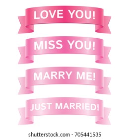 Set of romantic pink vector ribbons, isolated on white background. Glossy ribbons for yor romantic greeting card design decoration.