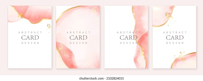 Set of romantic pink watercolor cards, backgrounds. Liquid abstract forms, golden foil texture. Design for cover, invitation, packaging, branding.