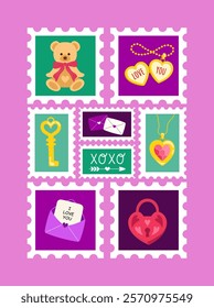 Set of romantic postal stamps for Valentine's day. Purple and green hand drawn postmarks with love theme, teddy bear, lock, love letters. Vector illustration.