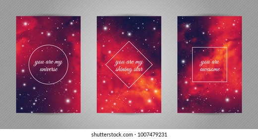 Set of romantic postcards with cosmos and stars background and words "You are my universe, you are my shining star, you are awesome".