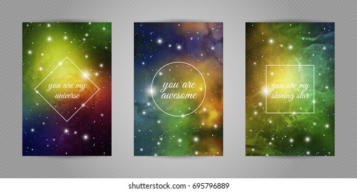 Set of romantic postcards with cosmos and stars background and words "You are my universe, you are my shining star, you are awesome".