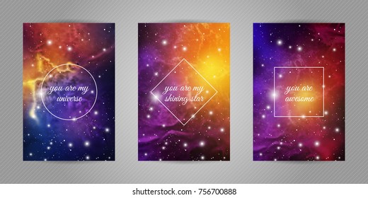 Set of romantic postcards with cosmos and stars background and words "You are my universe, you are my shining star, you are awesome".
