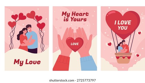 Um conjunto de cartões postais românticos com ilustrações de amor em um estilo plano moderno. Um casal apaixonado, as inscrições são românticas. Para o Dia dos Namorados, declarações de amor, convites de casamento.