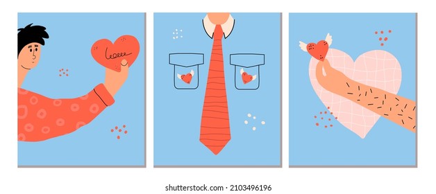 Set of romantic postcards for Valentine's Day. Vector hand drawing style illustration with cute male character and hearts. Textured love posters.