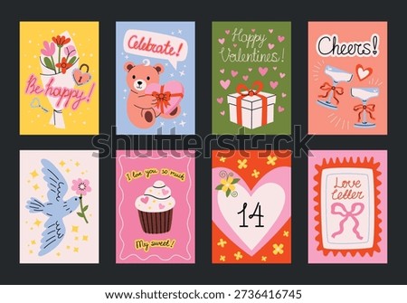 Set of romantic posters and postcards for Valentine's Day. Printable designs with hearts, champagne glasses, cake, dove, flower bouquet, love letter, toy teddy bear, gift box. Decor for holidays, weddings, celebrations. Love, infatuation, passion. 