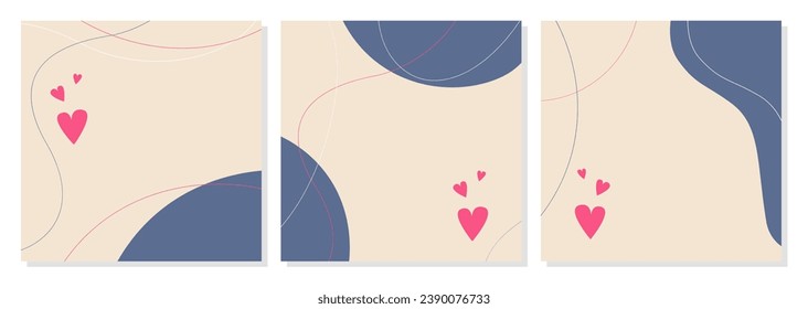 Set of romantic posters, template with hearts and line shapes in boho style, blank space for insert. Simple abstract background. Blue and pink colors.