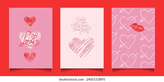 Conjunto de impresiones románticas con corazones de estilo de dibujo de crayón en un fondo rosa claro y blanco. Buenas tarjetas minimalistas del Día de San Valentín. Ilustraciones simples de vectores dibujadas a mano con símbolos de amor