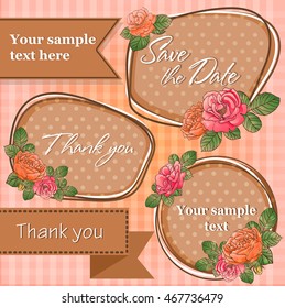 Set romantic quotes. Dies. Framework. Roses. Vector.