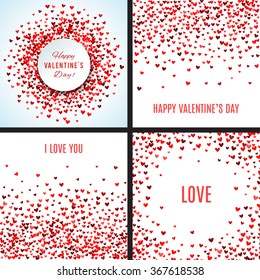 Set of romantic red heart backgrounds. Vector illustration for holiday design. Many flying hearts on white background. For wedding card, valentine's day greetings, lovely frame.