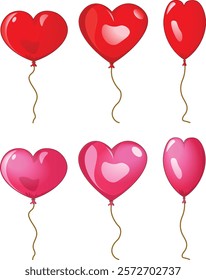 Set of romantic red and pink heart balloons for Valentine's Day celebration. Colorful shiny balloons in heart shape on transparent background