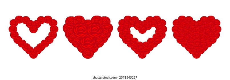 A set of romantic red rose heart shapes perfect for Valentine's Day designs. Elegant floral compositions symbolize love, passion, and romance, ideal for greeting cards, wedding decor, romantic project