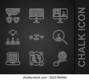 Set Romantic relationship, Happy friendship day, Magnifying glass for search, BFF best forever, Project team base, Video chat conference and Necklace with heart shaped icon. Vector
