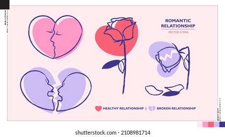 Set of romantic relationship icons, good and break up relationships. Love heart and rose signage.