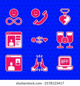 Set Romantic relationship, Informal greeting, BFF best friends forever, Friends drinking alcohol, Video chat conference, Dating app online, Necklace with heart shaped and  icon. Vector