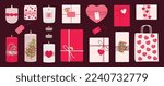 Set of romantic scented burning candles and gift boxes with flowers and hearts. Paraffin, soy wax candles in jar and pillar. Valentine s day aroma candles collection. Hand draw vector illustration