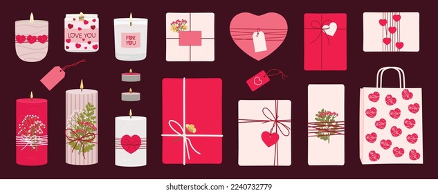 Set of romantic scented burning candles and gift boxes with flowers and hearts. Paraffin, soy wax candles in jar and pillar. Valentine s day aroma candles collection. Hand draw vector illustration