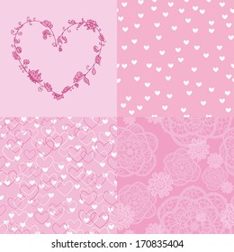 set of romantic seamless patterns and cute heart