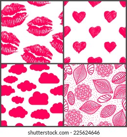 set of romantic seamless patterns with lipsticks prints, doodle hearts, clouds,  flowers, leaves and stones